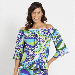 Jude Connally Off Shoulder Top Size S Blue Green Print Stretch USA NWOT